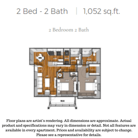 Floor plan for 2 beds, 2 baths, 1052 sqft